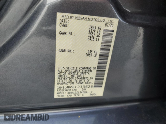 2020 Nissan Altima S z VIN 1N4BL4BV9LC233626, wystawiony jako Copart lot #60059555 z przebiegiem 123 012 mil mil oraz Nie do naprawy • Non repairable. Historia ofert i sprzedaży dostępna na DreamBid. Obrazek 13.
