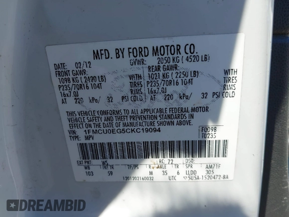 2012 Ford Escape Limited with VIN 1FMCU0EG5CKC19094, listed as a IAAI auction lot 41978088 with 193,550 mi miles and . Bid and sale history available at carsss.com. Image 9.