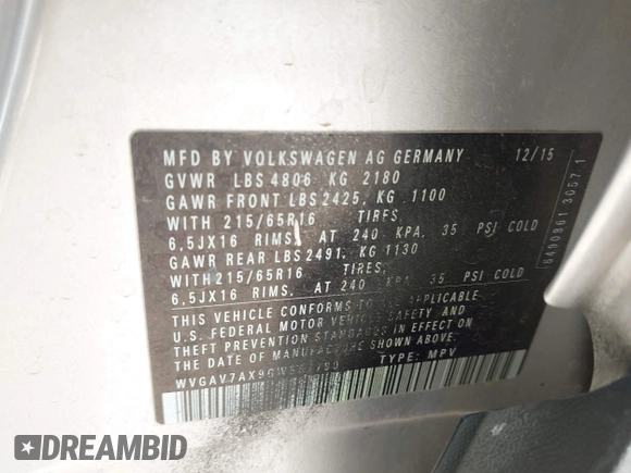 2016 Volkswagen Tiguan S with VIN WVGAV7AX9GW567790, listed as a IAAI auction lot 42352288 with 119,526 mi miles and . Bid and sale history available at DreamBid. Image 9.