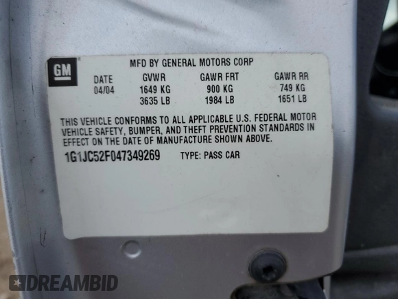 2004 Chevrolet Cavalier with VIN 1G1JC52F047349269, listed as a Copart auction lot 79457224 with 0 mi miles and Salvage Title. Bid and sale history available at carsss.com. Image 13.
