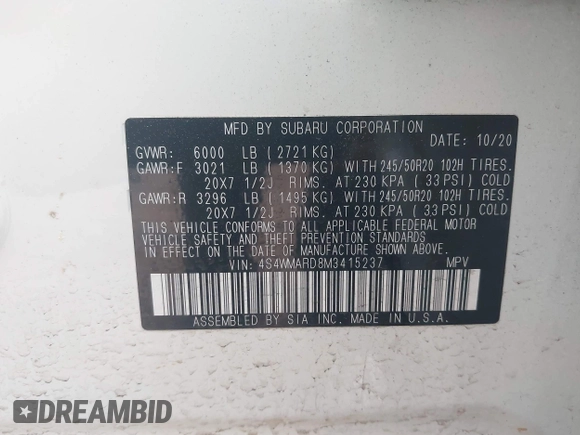 2021 Subaru Ascent Touring with VIN 4S4WMARD8M3415237, listed as a IAAI auction lot 42117215 with 67,831 mi miles and . Bid and sale history available at DreamBid. Image 9.