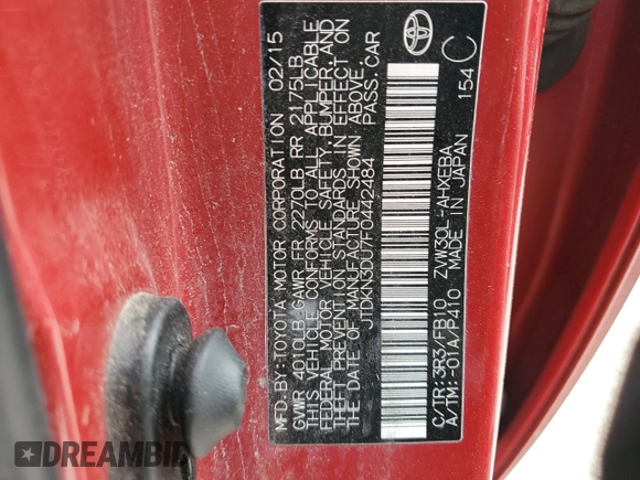 2015 Toyota Prius Four with VIN JTDKN3DU7F0442484, listed as a Copart auction lot 50161995 with 303,736 mi miles and Salvage Title. Bid and sale history available at carsss.com. Image 15.