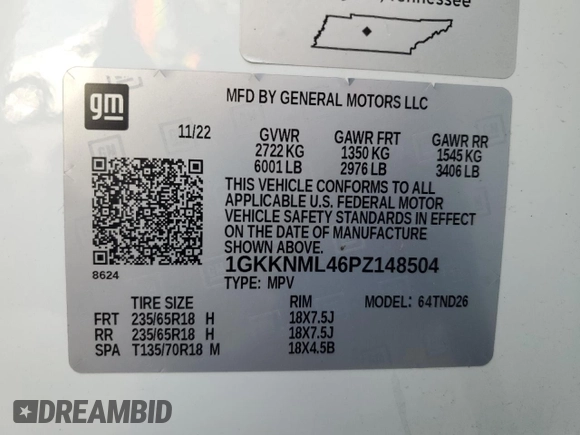 2023 GMC Acadia SLT with VIN 1GKKNML46PZ148504, listed as a Copart auction lot 51126605 with 44,960 mi miles and Clean Title. Bid and sale history available at DreamBid. Image 13.
