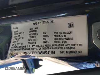 2022 Tesla Model 3 with VIN 5YJ3E1EA8NF241691, listed as a IAAI auction lot 41742584 with 70,375 mi miles and . Bid and sale history available at DreamBid. Image 9.