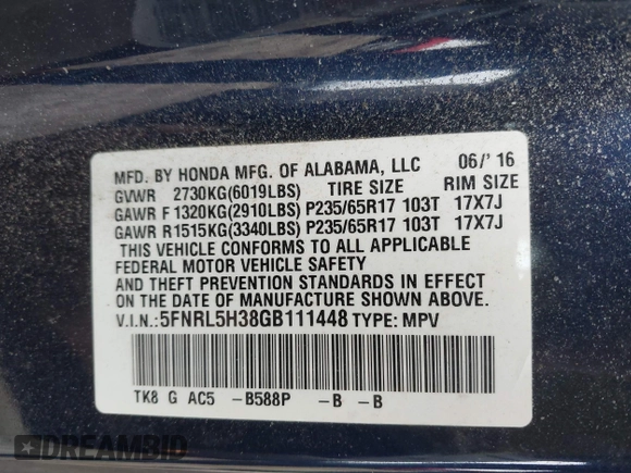 2016 Honda Odyssey SE with VIN 5FNRL5H38GB111448, listed as a IAAI auction lot 41754302 with 114,282 mi miles and . Bid and sale history available at DreamBid. Image 9.
