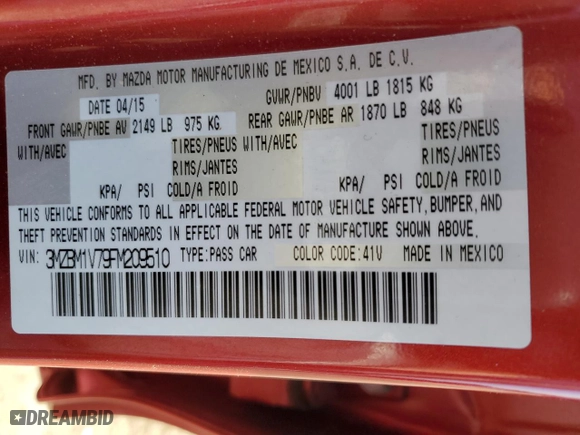 2015 Mazda Mazda3 i Touring with VIN 3MZBM1V79FM209510, listed as a Copart auction lot 47386785 with 60,632 mi miles and Salvage Title. Bid and sale history available at carsss.com. Image 12.