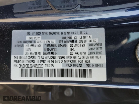 2022 Mazda CX-30 S Select z VIN 3MVDMBBL6NM452823, wystawiony jako Copart lot #55104745 z przebiegiem 20 614 mil mil oraz Szkoda całkowita • Salvage title. Historia ofert i sprzedaży dostępna na DreamBid. Obrazek 13.