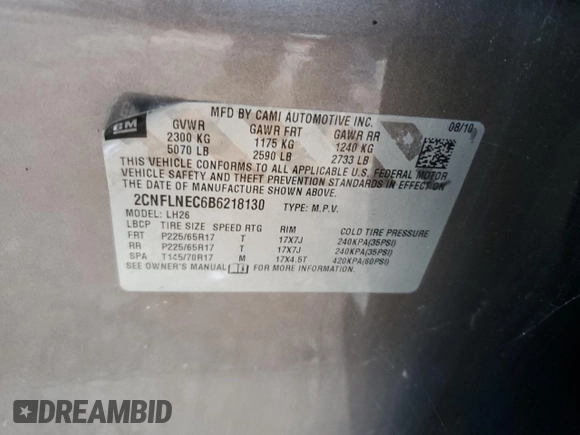2011 Chevrolet Equinox 2LT with VIN 2CNFLNEC6B6218130, listed as a Copart auction lot 66548383 with 178,135 mi miles and Salvage Title. Bid and sale history available at DreamBid. Image 12.