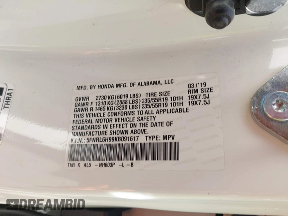 2019 Honda Odyssey Elite with VIN 5FNRL6H99KB091617, listed as a IAAI auction lot 41719807 with 93,775 mi miles and . Bid and sale history available at DreamBid. Image 9.