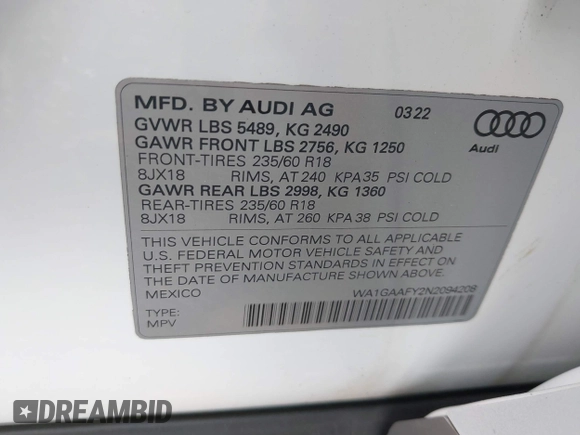 2022 Audi Q5 S line Premium z VIN WA1GAAFY2N2094208, wystawiony jako IAAI lot #42672467 z przebiegiem 26 301 mil mil oraz . Historia ofert i sprzedaży dostępna na DreamBid. Obrazek 9.