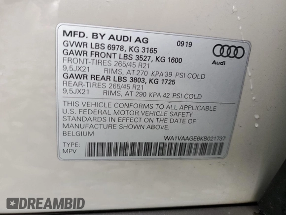 2019 Audi e-tron Prestige z VIN WA1VAAGE6KB021737, wystawiony jako Copart lot #44444585 z przebiegiem 37 227 mil mil oraz Szkody całkowita. Historia ofert i sprzedaży dostępna na DreamBid. Obrazek 14.