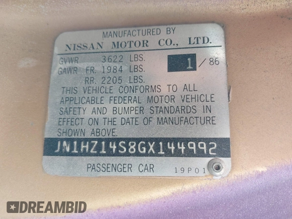 1986 Nissan 300ZX z VIN JN1HZ14S8GX144992, wystawiony jako IAAI lot #42081882 z przebiegiem 127 316 mil mil oraz . Historia ofert i sprzedaży dostępna na DreamBid. Obrazek 9.