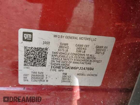 2023 Chevrolet Traverse LT Cloth with VIN 1GNEVGKW6PJ147694, listed as a Copart auction lot 44788295 with 43,415 mi miles and Salvage Title. Bid and sale history available at carsss.com. Image 15.