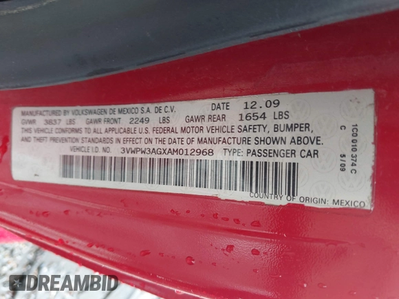 2010 Volkswagen Beetle с VIN 3VWPW3AGXAM012968, выставлен на аукционе IAAI как лот 42133088 с пробегом 73 278 миль миль и . История ставок и продаж доступна на DreamBid. Изображение 9.