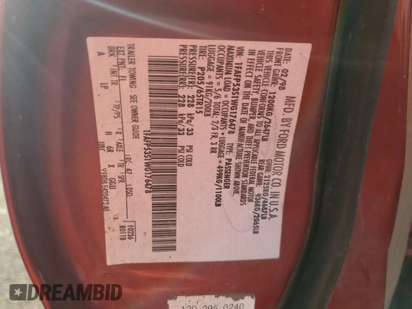 1998 Ford Taurus SE Comfort z VIN 1FAFP53S1WG176478, wystawiony jako Copart lot #80528034 z przebiegiem Nie podano mil oraz Szkoda całkowita • Salvage title. Historia ofert i sprzedaży dostępna na DreamBid. Obrazek 13.