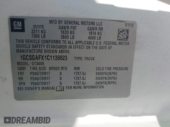 2012 Chevrolet Express Cargo with VIN 1GCSGAFX1C1138823, listed as a IAAI auction lot 42505846 with 226,032 mi miles and . Bid and sale history available at DreamBid. Image 9.