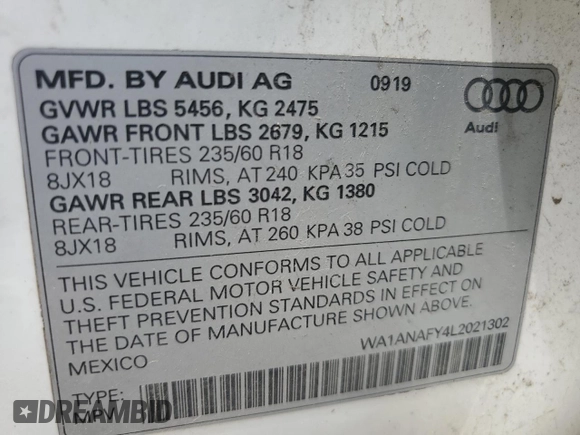 2020 Audi Q5 Premium with VIN WA1ANAFY4L2021302, listed as a Copart auction lot 59854845 with 126,753 mi miles and Clean title. Bid and sale history available at DreamBid. Image 14.