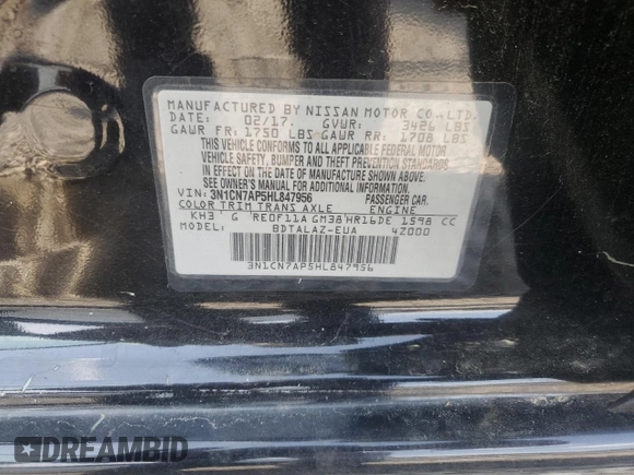 2017 Nissan Versa S Plus z VIN 3N1CN7AP5HL847956, wystawiony jako Copart lot #52648345 z przebiegiem Nie podano mil oraz Szkoda całkowita • Salvage title. Historia ofert i sprzedaży dostępna na DreamBid. Obrazek 14.