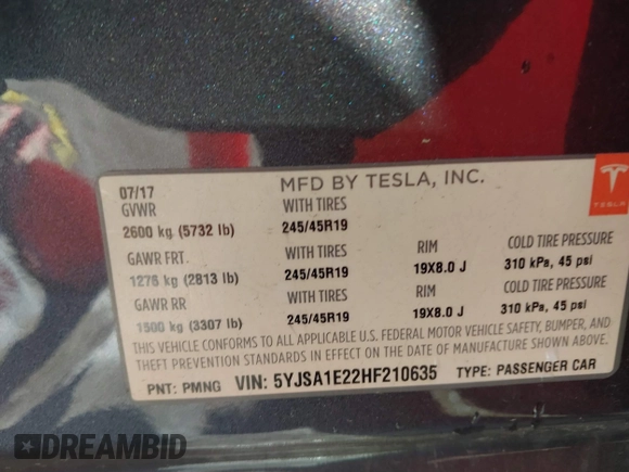 2017 Tesla Model S 100D with VIN 5YJSA1E22HF210635, listed as a IAAI auction lot 41854125 with 112,323 mi miles. Bid and sale history available at carsss.com. Image 9.