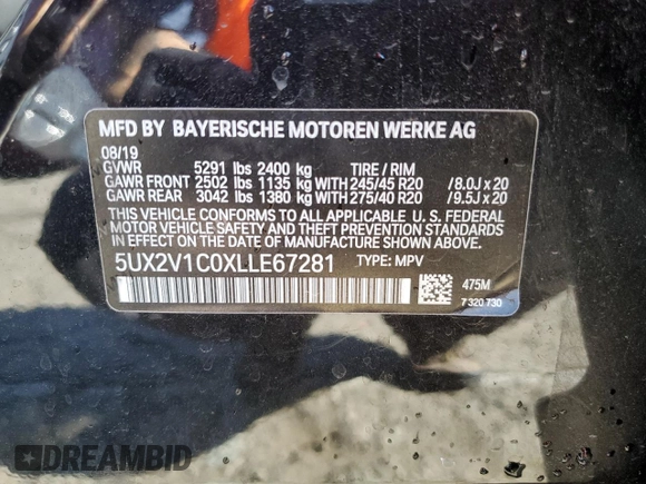 2020 BMW X4 xDrive30i with VIN 5UX2V1C0XLLE67281, listed as a Copart auction lot 60082113 with 32,438 mi miles. Bid and sale history available at carsss.com. Image 13.
