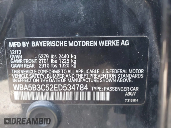 2014 BMW 5 Series 535i xDrive with VIN WBA5B3C52ED534784, listed as a IAAI auction lot 41875567 with 128,533 mi miles and . Bid and sale history available at carsss.com. Image 9.