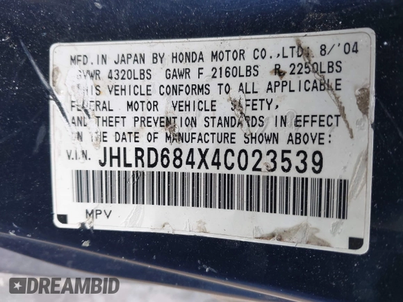 2004 Honda CR-V LX with VIN JHLRD684X4C023539, listed as a IAAI auction lot 42032809 with 186,056 mi miles and . Bid and sale history available at carsss.com. Image 9.
