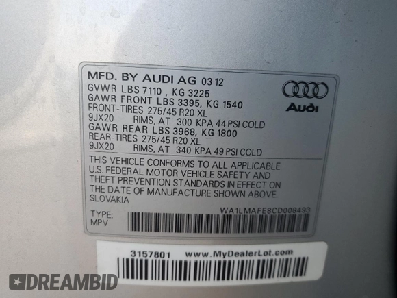 2012 Audi Q7 3.0L TDI Premium Plus with VIN WA1LMAFE8CD008493, listed as a Copart auction lot 43279315 with 202,723 mi miles and Clean Title. Bid and sale history available at carsss.com. Image 13.