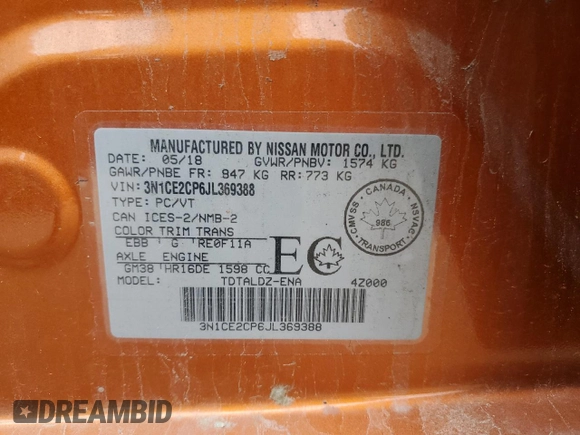 2018 Nissan Note SV с VIN 3N1CE2CP6JL369388, выставлен на аукционе Copart как лот 60912895 с пробегом 187 693 миль миль и Чистый • Clean title. История ставок и продаж доступна на DreamBid. Изображение 12.