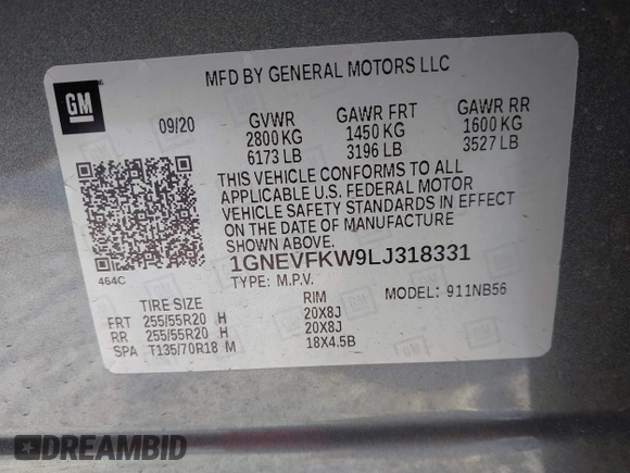 2020 Chevrolet Traverse LS with VIN 1GNEVFKW9LJ318331, listed as a IAAI auction lot 41409689 with 56,767 mi miles. Bid and sale history available at carsss.com. Image 9.