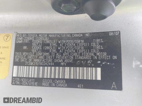 2008 Lexus RX 350 with VIN 2T2GK31U18C042444, listed as a IAAI auction lot 42086037 with 251,281 mi miles and . Bid and sale history available at DreamBid. Image 9.