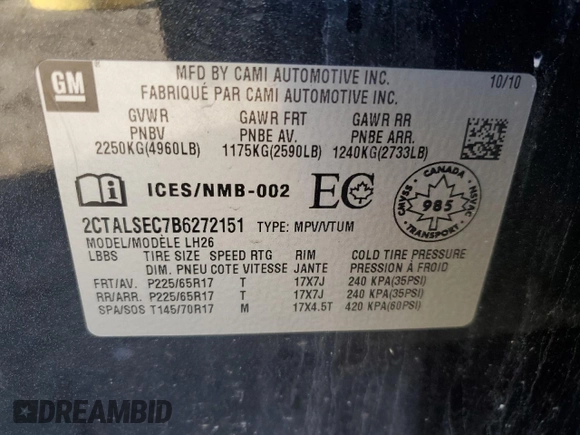 2011 GMC Terrain SLE-2 with VIN 2CTALSEC7B6272151, listed as a Copart auction lot 53016675 with 320,318 mi miles and Clean Title. Bid and sale history available at DreamBid. Image 13.