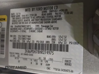 2017 Ford Fusion SE with VIN 3FA6P0H78HR274975, listed as a IAAI auction lot 42153659 with 134,908 mi miles and . Bid and sale history available at DreamBid. Image 9.