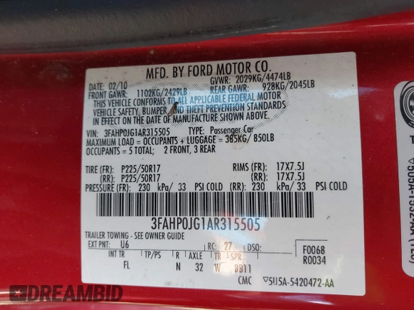 2010 Ford Fusion SEL with VIN 3FAHP0JG1AR315505, listed as a IAAI auction lot 41884082 with 131,348 mi miles and . Bid and sale history available at DreamBid. Image 9.