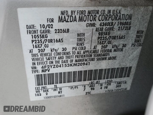 2003 Mazda Tribute LX with VIN 4F2YZ04153KM20941, listed as a Copart auction lot 82683264 with 195,240 mi miles and Salvage Title. Bid and sale history available at DreamBid. Image 15.
