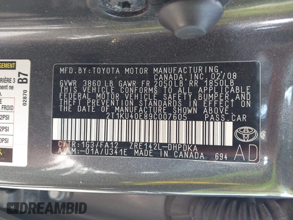 2009 Toyota Matrix z VIN 2T1KU40E89C007605, wystawiony jako IAAI lot #42344303 z przebiegiem 189 196 mil mil oraz . Historia ofert i sprzedaży dostępna na DreamBid. Obrazek 9.