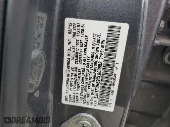 2012 Honda Crosstour EX-L with VIN 5J6TF3H59CL003652, listed as a Copart auction lot 76438264 with 190,252 mi miles and Salvage Title. Bid and sale history available at carsss.com. Image 12.