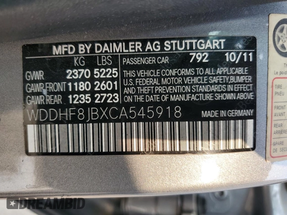 2012 Mercedes-Benz E 350 Luxury with VIN WDDHF8JBXCA545918, listed as a Copart auction lot 58953115 with 220,307 mi miles and Salvage title. Bid and sale history available at DreamBid. Image 13.