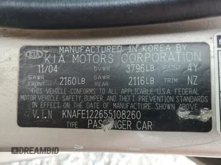 2005 Kia Spectra LX with VIN KNAFE122655108260, listed as a Copart auction lot 53750355 with 146,157 mi miles and Clean Title. Bid and sale history available at carsss.com. Image 12.