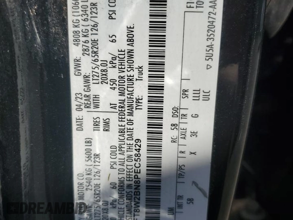 2023 Ford F-250 XL with VIN 1FT8W2BN8PEC58429, listed as a Copart auction lot 61248865 with 66,842 mi miles and Salvage title. Bid and sale history available at DreamBid. Image 12.
