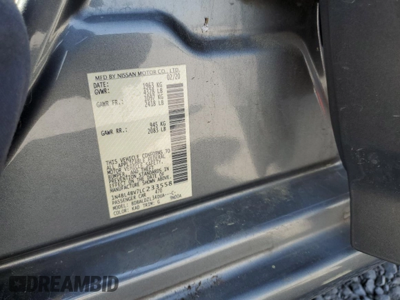 2020 Nissan Altima S z VIN 1N4BL4BV7LC233558, wystawiony jako Copart lot #50388215 z przebiegiem 78 175 mil mil oraz Szkoda całkowita • Salvage title. Historia ofert i sprzedaży dostępna na DreamBid. Obrazek 14.
