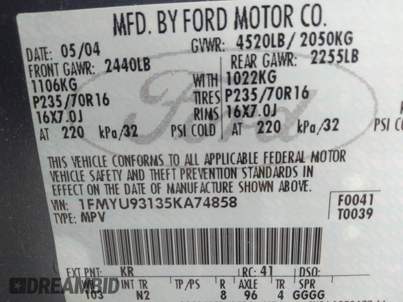 2005 Ford Escape XLT с VIN 1FMYU93135KA74858, выставлен на аукционе IAAI как лот 40378248 с пробегом 181 714 миль миль и . История ставок и продаж доступна на DreamBid. Изображение 9.
