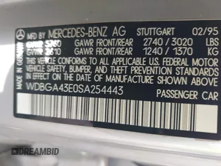 1995 Mercedes-Benz S z VIN WDBGA43E0SA254443, wystawiony jako IAAI lot #42168405 z przebiegiem 88 156 mil mil oraz . Historia ofert i sprzedaży dostępna na DreamBid. Obrazek 9.