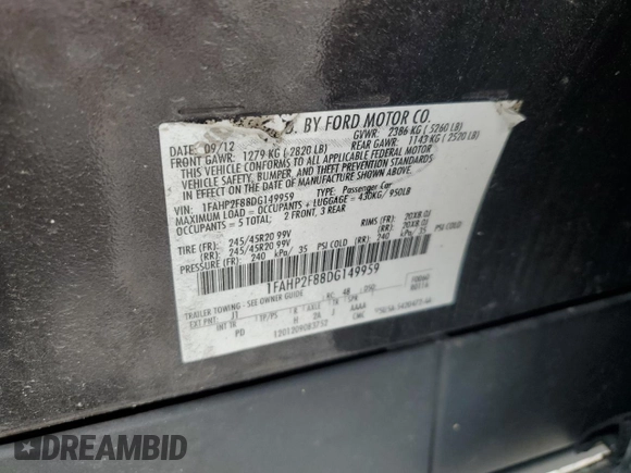 2013 Ford Taurus Limited with VIN 1FAHP2F88DG149959, listed as a Copart auction lot 63823425 with 203,959 mi miles and Clean title. Bid and sale history available at DreamBid. Image 12.