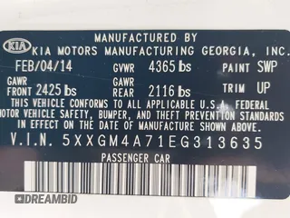 2014 Kia Optima LX with VIN 5XXGM4A71EG313635, listed as a IAAI auction lot 38894516 with 95,852 mi miles. Bid and sale history available at carsss.com. Image 9.