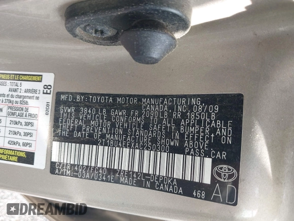 2010 Toyota Corolla with VIN 2T1BU4EEXAC250300, listed as a IAAI auction lot 42731525 with 58,548 mi miles and . Bid and sale history available at DreamBid. Image 9.