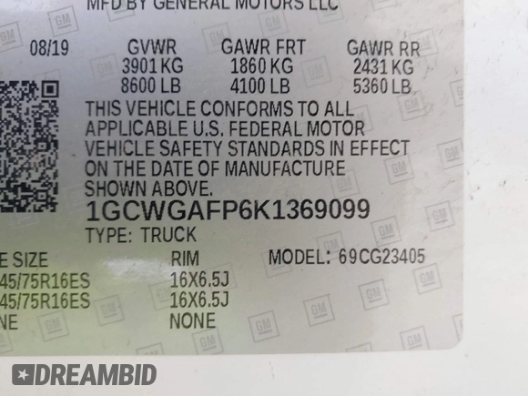 2019 Chevrolet Express Cargo with VIN 1GCWGAFP6K1369099, listed as a IAAI auction lot 42069329 with 74,624 mi miles. Bid and sale history available at carsss.com. Image 9.