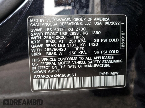 2022 Volkswagen Atlas 3.6L V6 SEL R-Line with VIN 1V2AR2CAXNC558551, listed as a Copart auction lot 86841944 with 31,464 mi miles and Salvage Title. Bid and sale history available at carsss.com. Image 15.