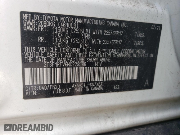2021 Toyota RAV4 LE with VIN 2T3F1RFV6MC229588, listed as a Copart auction lot 57961865 with 43,652 mi miles and Salvage title. Bid and sale history available at DreamBid. Image 13.