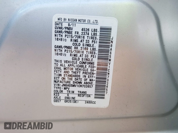 2012 Nissan Rogue S with VIN JN8AS5MV1CW702657, listed as a IAAI auction lot 41936909 with 145,294 mi miles and . Bid and sale history available at DreamBid. Image 9.
