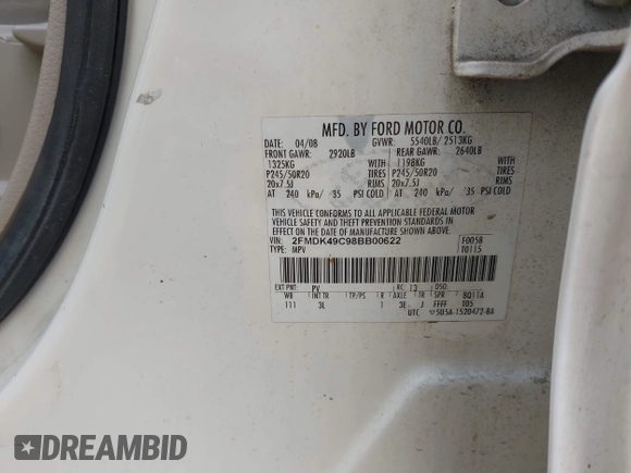 2008 Ford Edge Limited with VIN 2FMDK49C98BB00622, listed as a IAAI auction lot 42065551 with 237,993 mi miles. Bid and sale history available at carsss.com. Image 9.